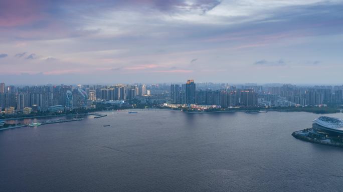 城市夜景江畔晚霞