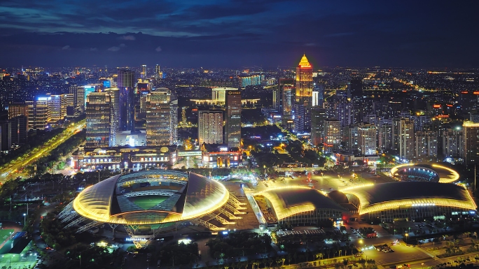 航拍南通市区CBD中央商务区夜景