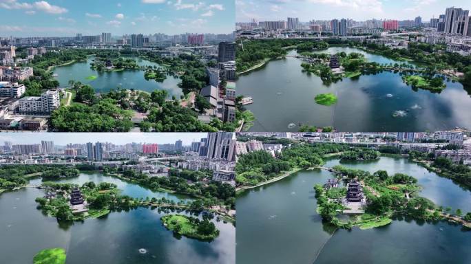 城市公园湖泊航拍景观 城市建筑与自然风光