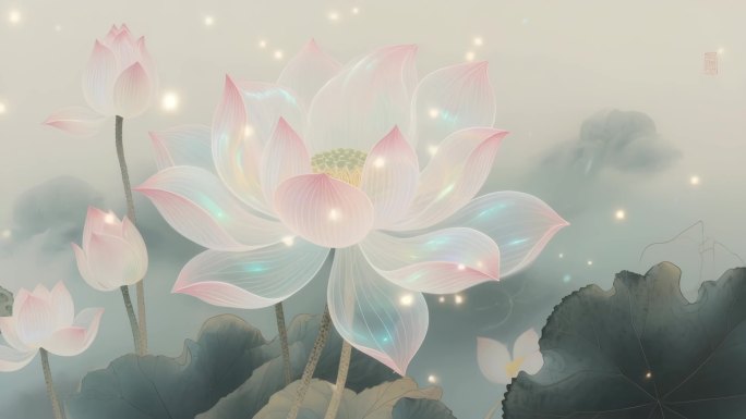 国风工笔荷花意境全息梦幻光效荷花