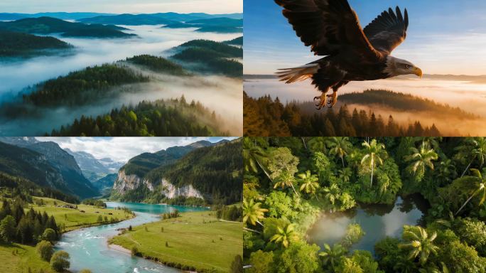 航拍森林河流大自然生态环境合集