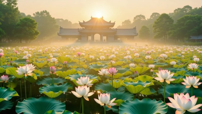 荷花荷叶荷塘延时摄影全景近景