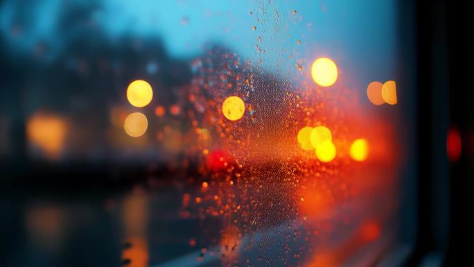 夜雨朦胧玻璃窗虚化光影