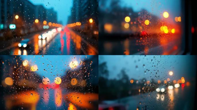 夜雨朦胧玻璃窗虚化光影
