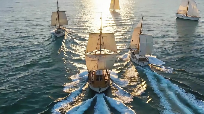 8K海上古帆船舰队巡航复古帆船航行场景