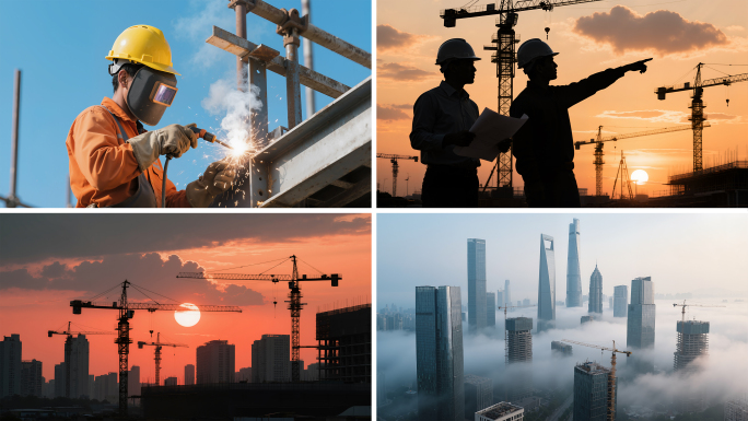 城市建设工程建筑施工地日落吊塔吊建造工人