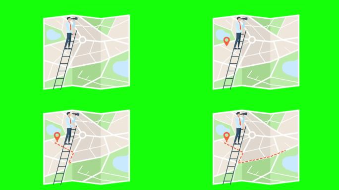 折叠城市地图。GPS导航仪。微型角色在巨大的纸质地图上进行定向。商人寻找正确的路线。地理定位图钉。G