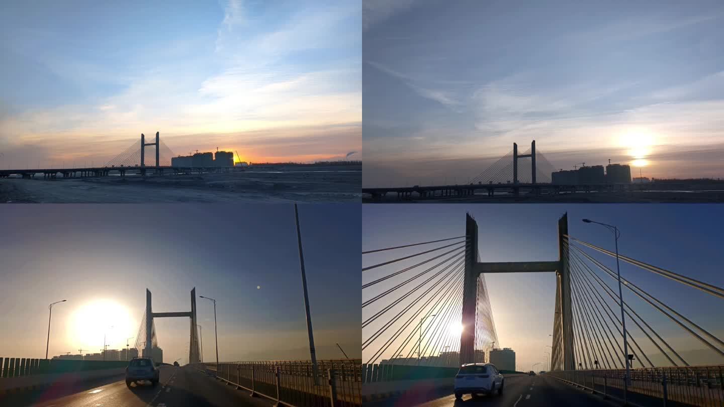 夕阳下的城市桥梁风光