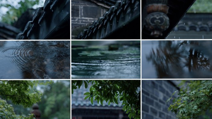 古镇屋檐雨滴 水面涟漪倒影