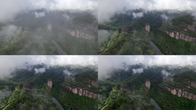 福建武夷山玉女峰穿云破雾航拍