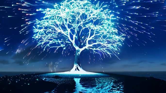 水面星光树梦幻世界蓝色光影树奇幻夜景