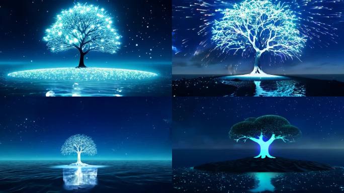 水面星光树梦幻世界蓝色光影树奇幻夜景