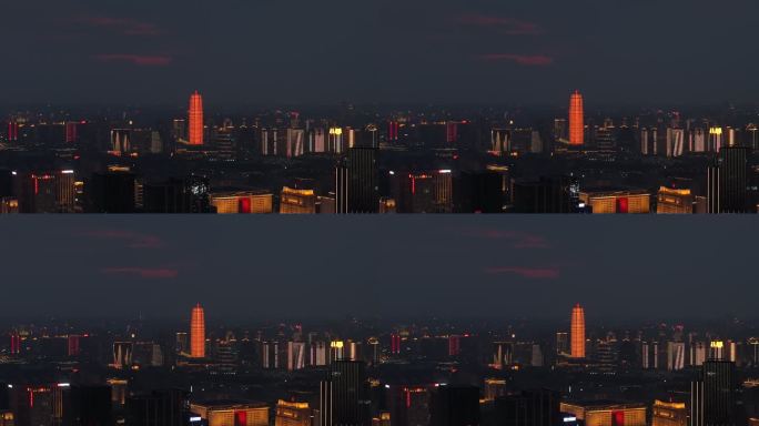 郑州玉米楼地标夜景长焦航拍远景