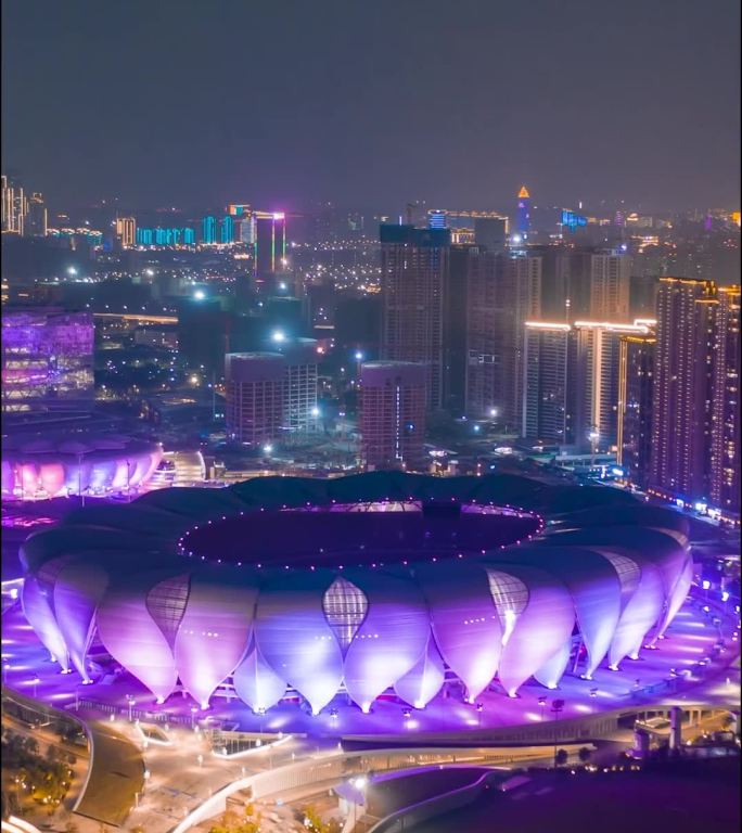 杭州_杭州奥体博览中心_夜景_航拍延时