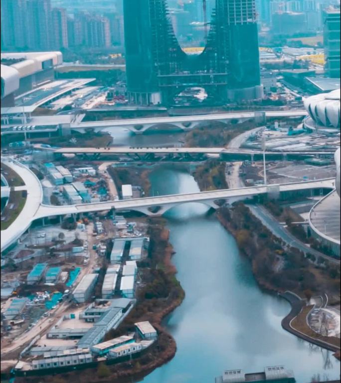 杭州_杭州奥体博览中心_日景_环绕航拍延时