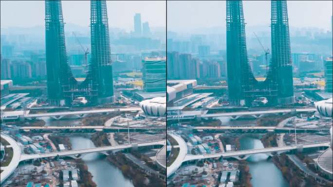 杭州_杭州奥体博览中心_日景_环绕航拍延时