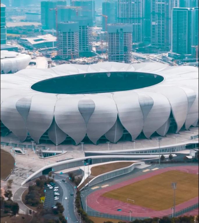 杭州_杭州奥体博览中心_日景_环绕航拍延时