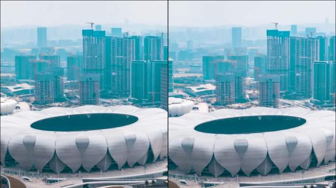 杭州_杭州奥体博览中心_日景_环绕航拍延时