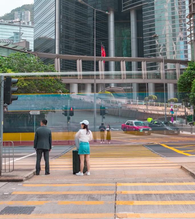 香港城市人来人往_红绿灯过马路日景延时