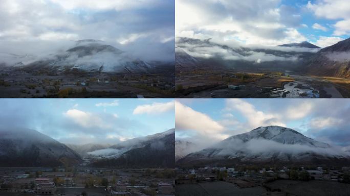 川西风光甲根坝秋色秋雪雪山云雾缭绕下村庄