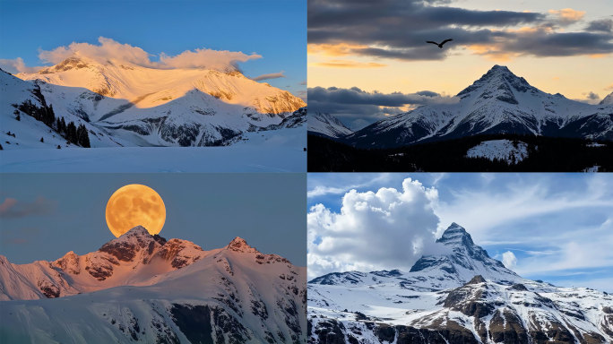 雪山登山高山顶雪景西藏高原云雾云海圆月亮