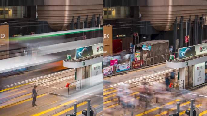 香港街道车来车往_红绿灯过马路_人来人往
