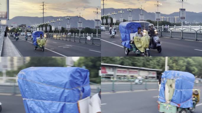 城市桥梁上的三轮车运输