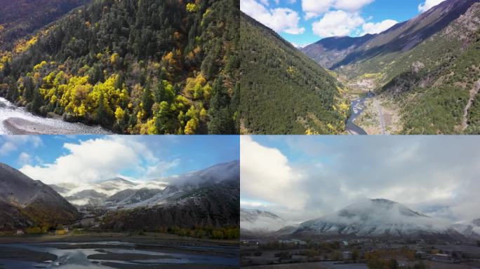川西风光甲根坝秋景秋雪雪山云雾缭绕下村庄