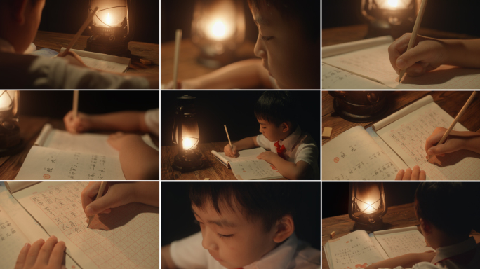 煤油灯 小学生 学习 做作业