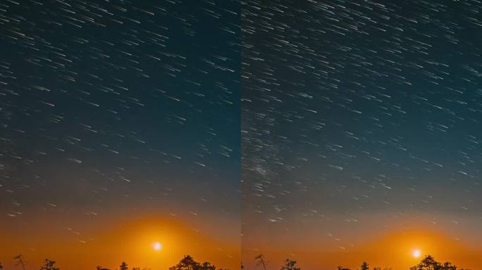 日落与月亮在水面上升起。夜晚湖泊、沼泽、湿地自然风光。延时摄影星空与银河，闪烁的星星。水面上的星光倒