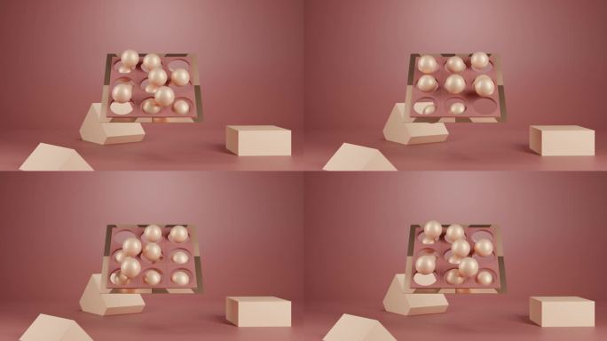 动态几何板与球体和立方体：带孔的板的抽象3D动画，球体穿过，立方体散落四周。