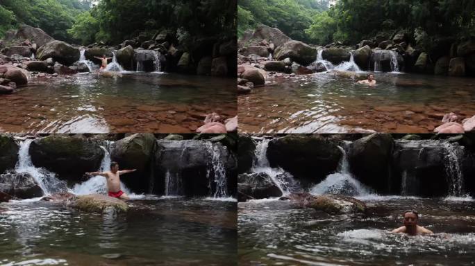 清凉夏日山水休闲山间溪流游泳嬉戏