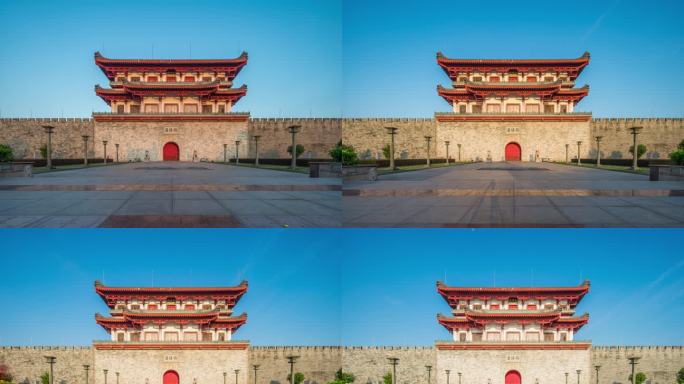 中国风揭阳楼古城墙楼阁建筑日出延时8K