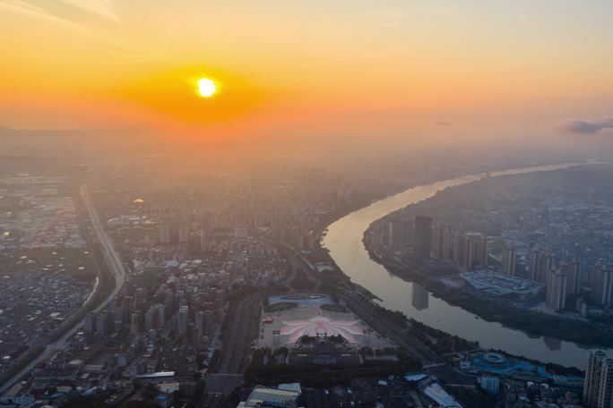 揭阳航拍揭阳楼榕江城市航道大景日出延时
