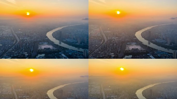 揭阳航拍揭阳楼榕江城市航道大景日出延时