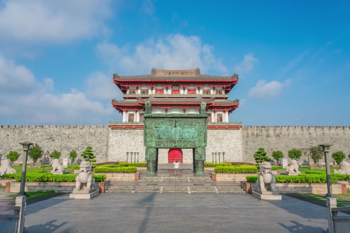 传统中式建筑揭阳楼古城墙楼阁日出延时8K