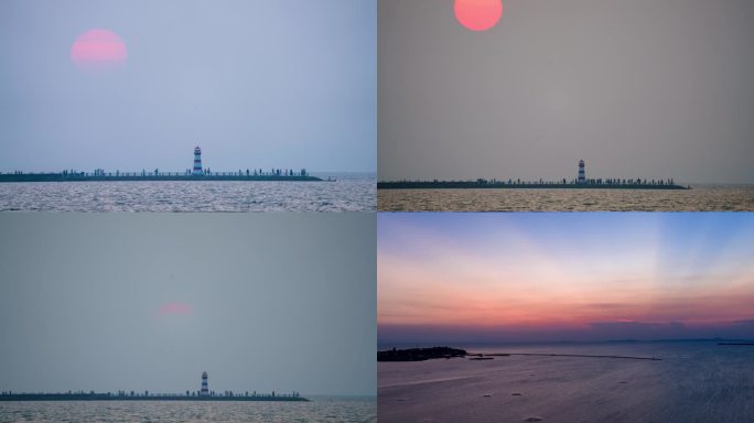 海边日落灯塔人群剪影