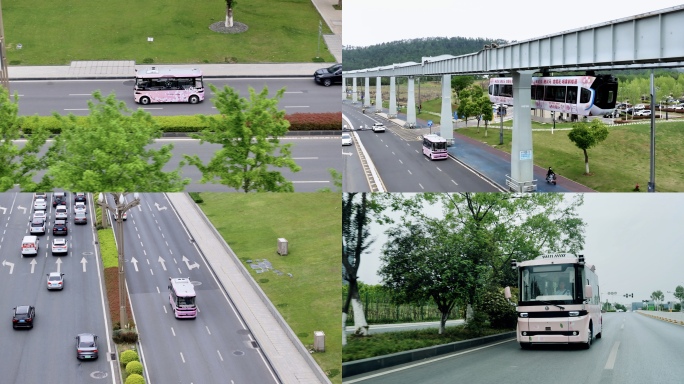 无人驾驶巴士路跑行驶 未来城市交通出行