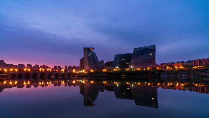 城市夜景水面倒影西安曲江池日出延时