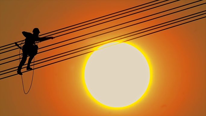 电力工人在夕阳下高空作业