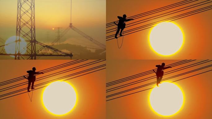 电力工人在夕阳下高空作业