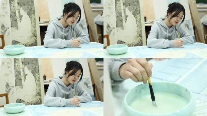 女子绘制工笔画水墨画