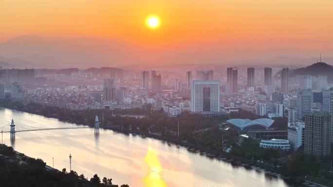黄山市区 日落城市日出景观 城市江景朝霞