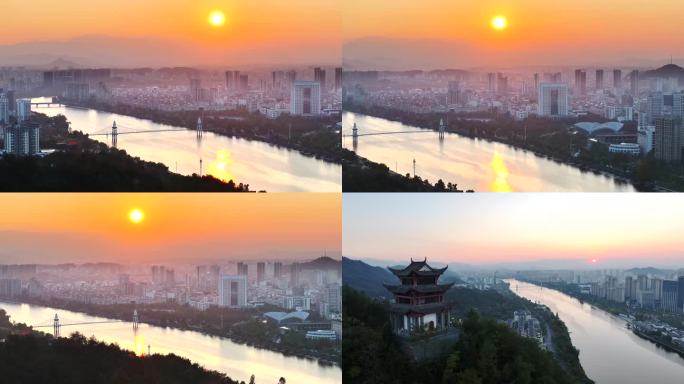 黄山市区 日落城市日出景观 城市江景朝霞