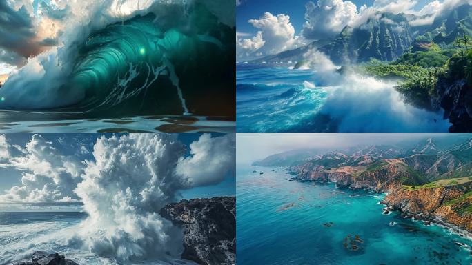 大海海洋航拍海浪升格海鸥海面海滩ai素材