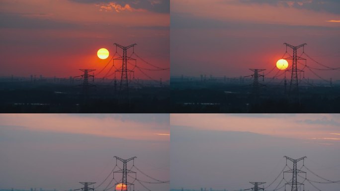 4K延时 输电线 电塔下的日落夕阳 黄昏