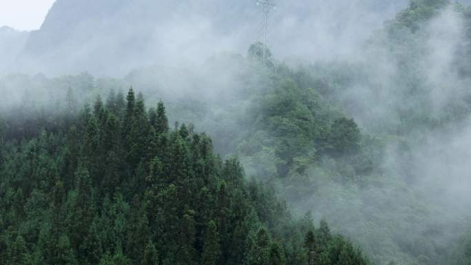 清澈瀑布与翠绿山林山间云雾缭绕的自然风光
