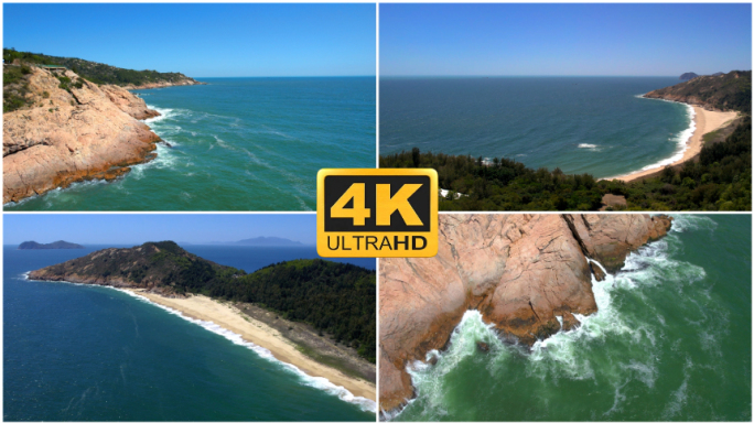 4K 航拍海浪拍打礁石沙滩  惠东海龟湾