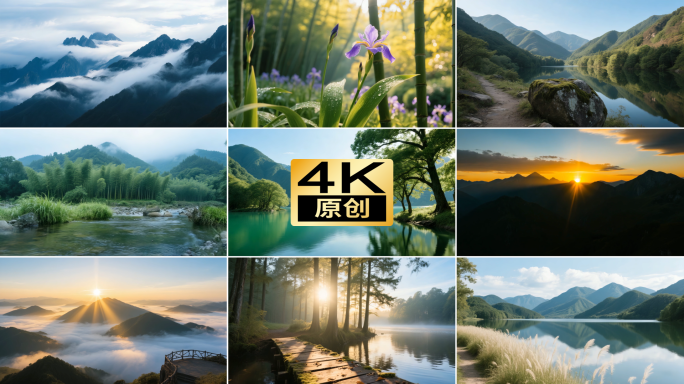 日出日落山水风光风景自然景观水库山峰小溪