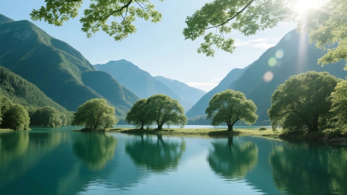 日出日落山水风光风景自然景观水库山峰小溪